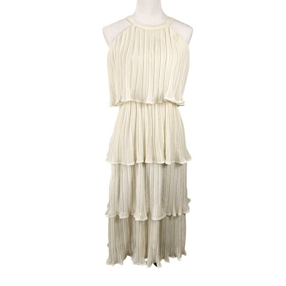 Womens Small Elegant Halter Neck Pleated Tiered Maxi Cream Dress Sleeveless - Picture 4 of 13